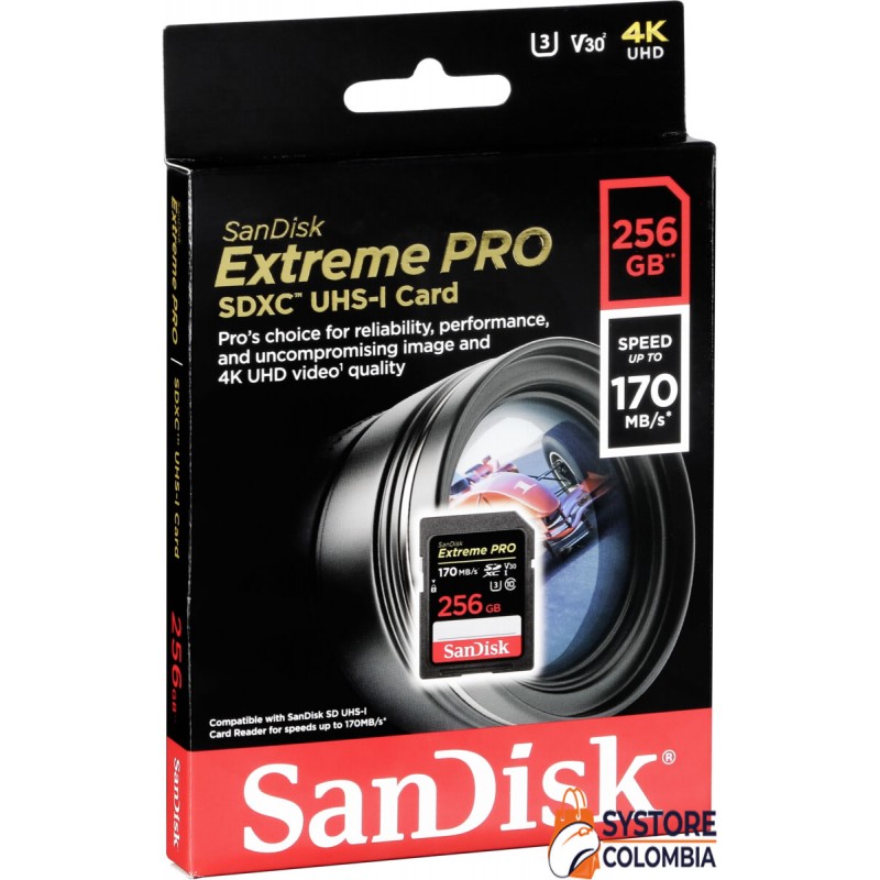 Memoria SD 256GB Sandisk Extreme Pro 4K U3 SDHC Clase 10 V30 170mb/s SDSDXXY-256G-GN4IN