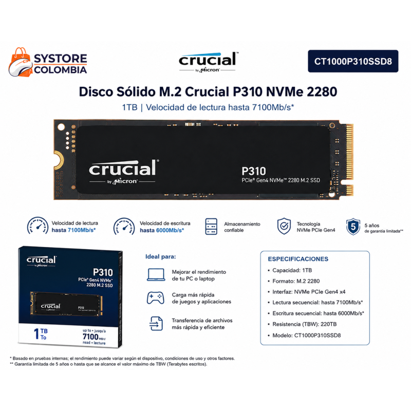 Disco Solido M.2 1TB Crucial P310 Nvme 2280 7100Mb/s CT1000P310SSD8 Systore Colombia