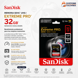 Memoria SD 32GB Sandisk Extreme Pro 4K U3 SDHC Clase 10 V30 100mb/s SDSDXXO-032G-GN4IN