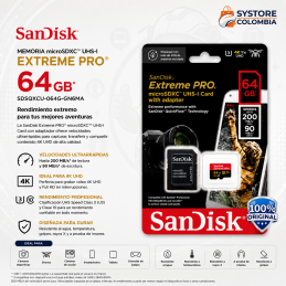 Memoria Micro SD 64GB Sandisk Extreme Pro 4K U3 SDHC Clase 10 V30 200mb/s SDSQXCU-064G-GN6MA
