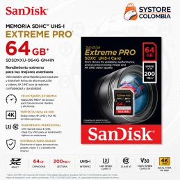Memoria SD 64GB Sandisk Extreme Pro 4K U3 SDHC Clase 10 V30 200mb/s SDSDXXU-064G-GN4IN