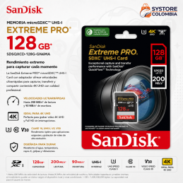 Memoria SD 128GB Sandisk Extreme Pro 4K U3 SDHC Clase 10 V30 170mb/s SDSDXXY-128G-GN4IN