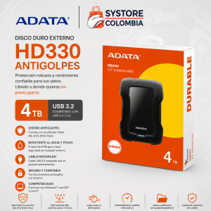 Disco Duro Externo 4TB Adata Antigolpes HD330 Usb 3.2 AHD330-4TU31-CBK Systore colombia